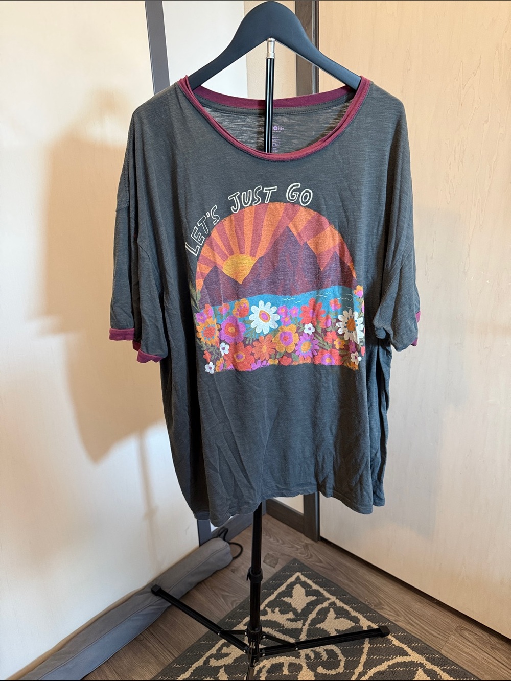NATURAL LIFE Charcoal Tee with Pink Trim and Sunset Floral Graphic